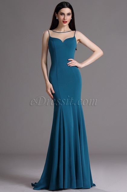 Blue Illusion Neckline Evening Dress with Lace Applique