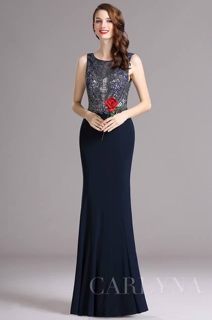 Carlyna Dark blue Sleeveless Prom Dress with Beaded Bodice