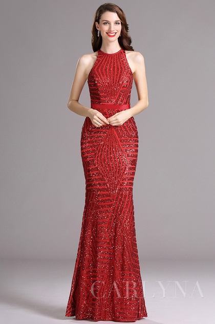 Carlyna Red Figure-flattering Halter Sequins Prom Evening Dress