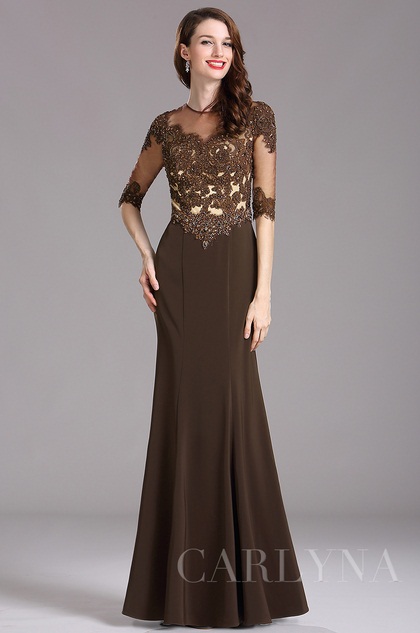 Carlyna Brown Beaded Mother of the Bride Dress with Illusion neckline