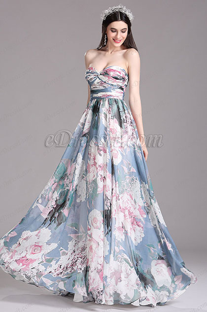 Printed Floral Strapless Pleated Evening Dress