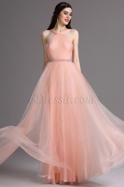 Pink Halter Neck Ruched Bridesmaid Prom Dress