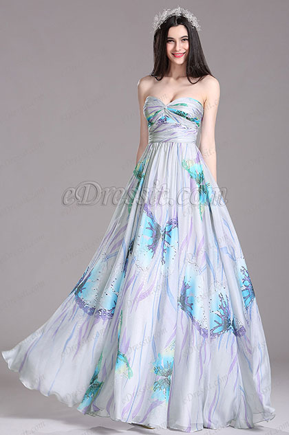 Printed Strapless Pleated Bridesmaid Dress