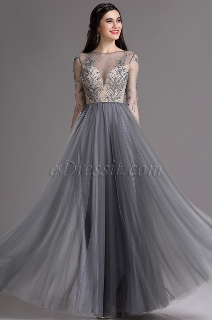 Grey Embroidery Illusion Neckline Beaded Pleated Formal Dress