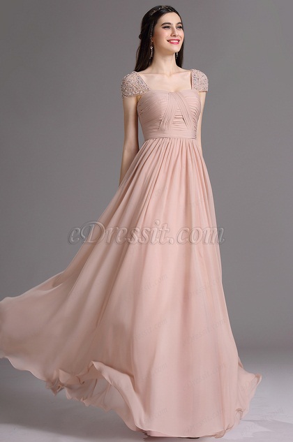 Blush Cap Sleeves Embroidery Beaded Prom Dress