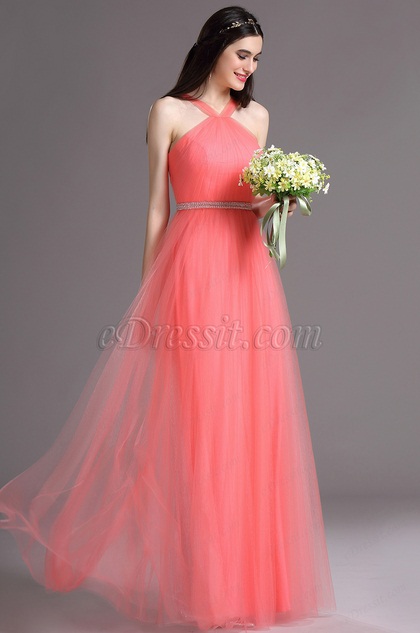 Coral Halter Neck Ruched Summer Bridesmaid Ball Dress