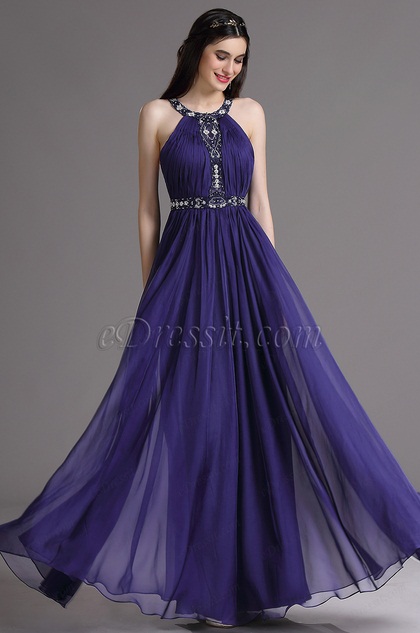 Purple Halter Evening Dress with Embroidery and Beads