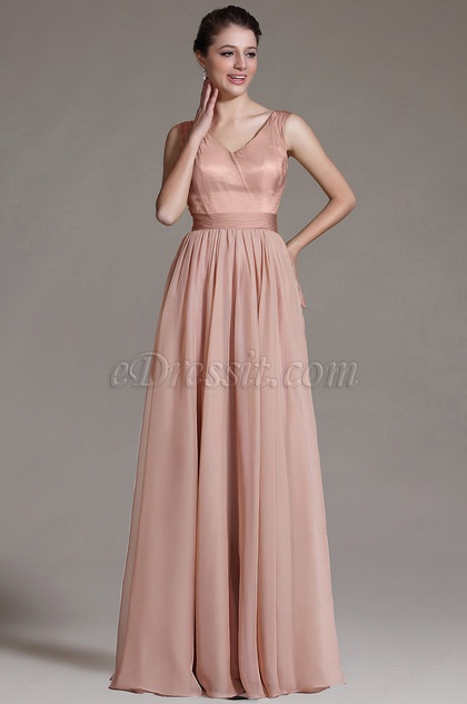 V-Neck Pleated Bridesmaid Dress Evening Gown