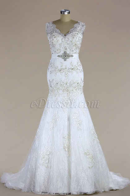 Sleeveless V Neck Beaded Mermaid Wedding Dress