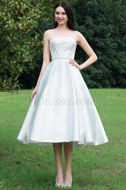 White Tea-length Party Dress with Lace Appliques