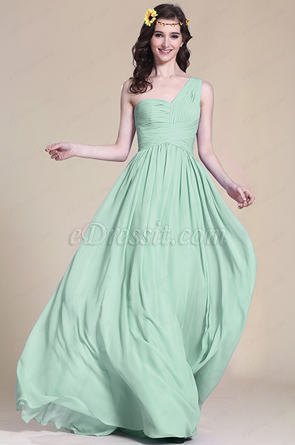Chiffon Grün Ein Schulter Brautjungfernkleid