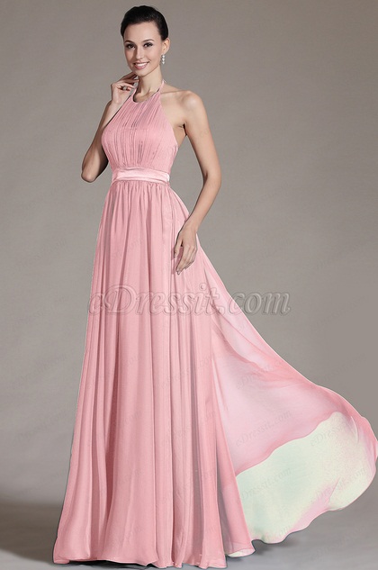 Pink Halter Off Back Evening Dress