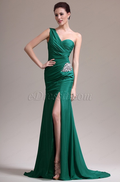 Green One Shoulder High Slit Evening Dress