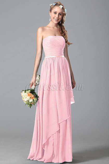 Strapless Pink Bridesmaid Dress With Asymmetric Hem