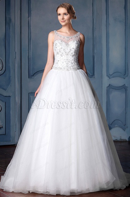 A-line Beaded Lace Tulle Wedding Dress