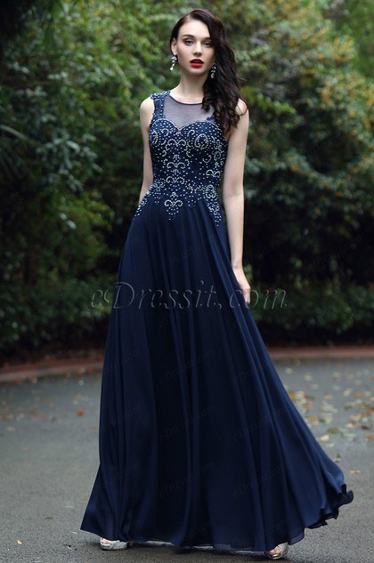 Robe de Soirée Dentelle Perlée Sans Manche Bleu