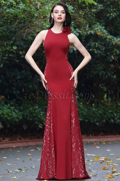 Burgundy Sleeveless Lace Prom Ball Gown