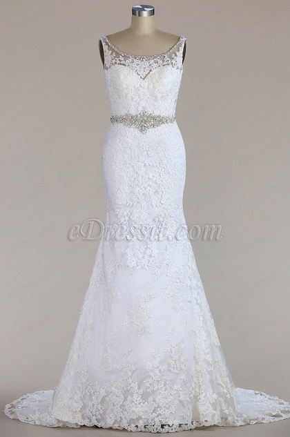 Sleeveless Beaded Lace Mermaid Wedding Dress