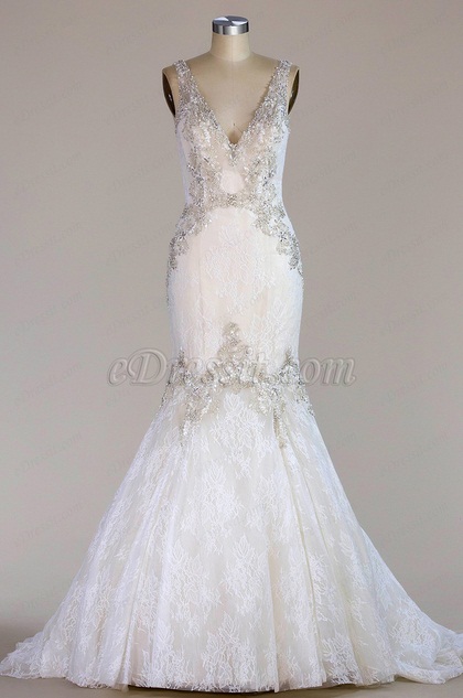 Plunging V Neck Lace Mermaid Wedding Dress