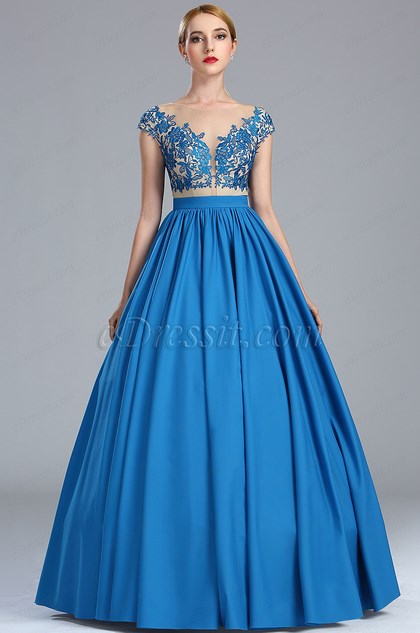 Blue Lace Appliques Fancy Quinceanera Ball Gown