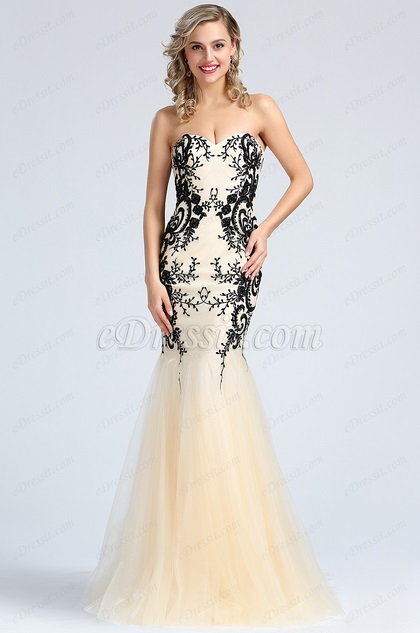 Strapless Beige Beaded Embroidery Prom Dress