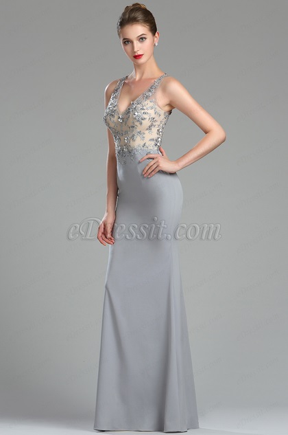 Sparkly Beaded Grey Floral Prom Gown for Women