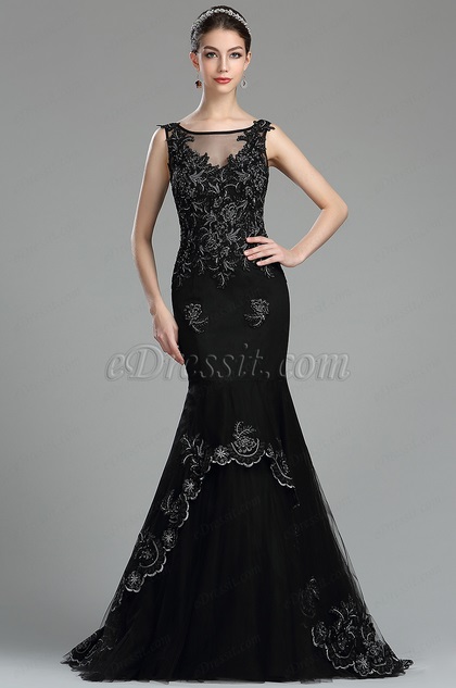 Robe de Soirée Appliques en Dentelle Florale Noire