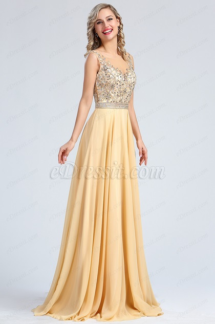 Sleeveless Beige Beaded Formal Evening Gown