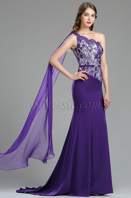 Robe de Soirée Appliques en Dentelle Violet Bretelle Unique