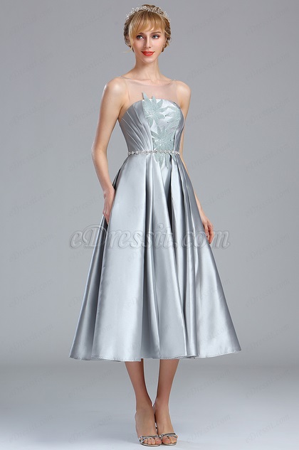 Robe de Cocktail Sans Manches Dentelle Gris Clair