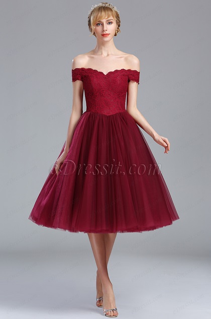 Off Shoulder Burgundy Lace Eveningl Party Dress