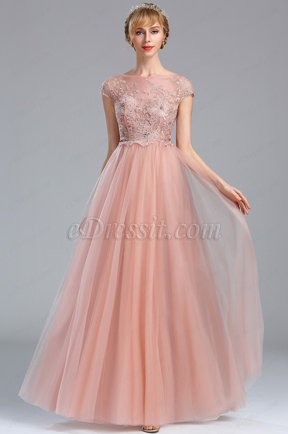 Pink Embroidery Beaded Pleated Prom Evening Dress