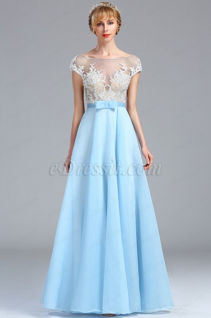 Cap Sleeves Ice Blue Lace Appliques Beaded Gown