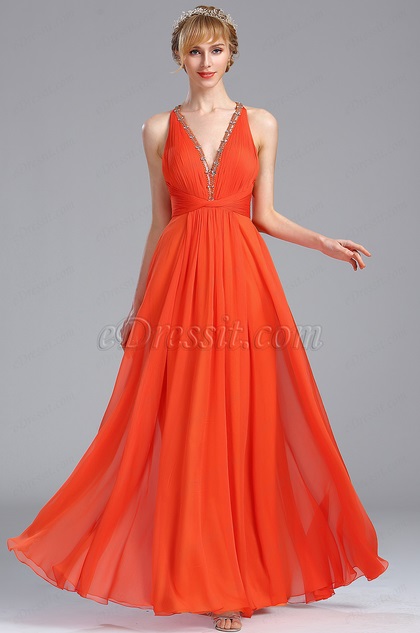 Tangerine Beaded V Neck Graduation Occasion Dress