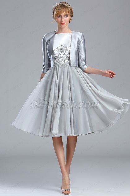 Robe Mère de Mariée Deux Pièce Classique Gris