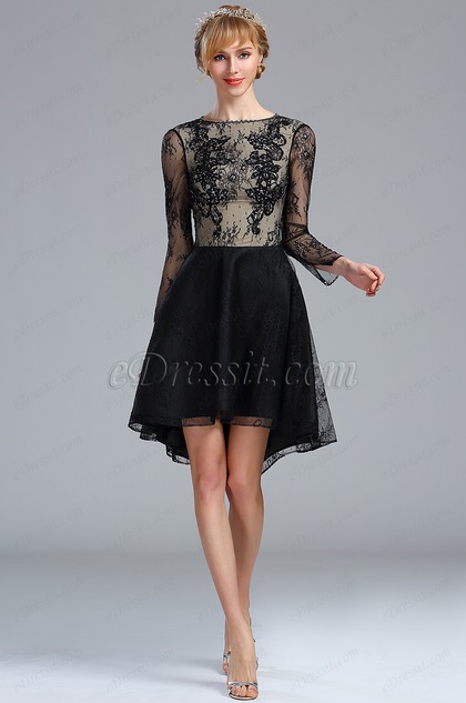 Black Long Sleeves Overlace Cocktail Party Dress