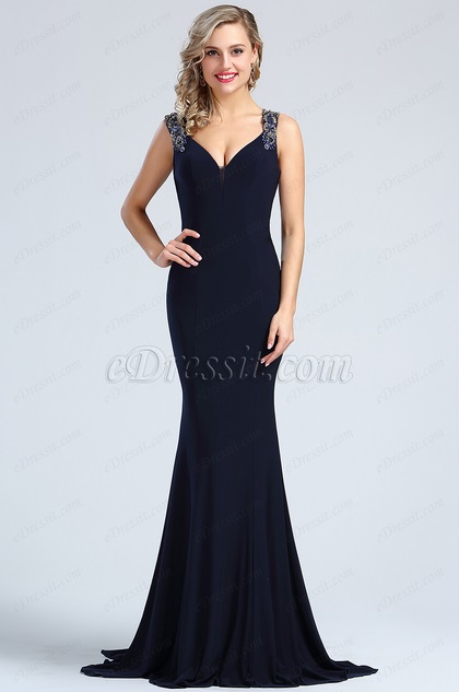 Marineblau Perlen Meerjungfrau Linie Abendkleid