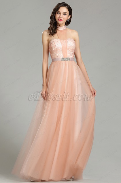 Robe de Bal Glamour Halter Peach Sequin