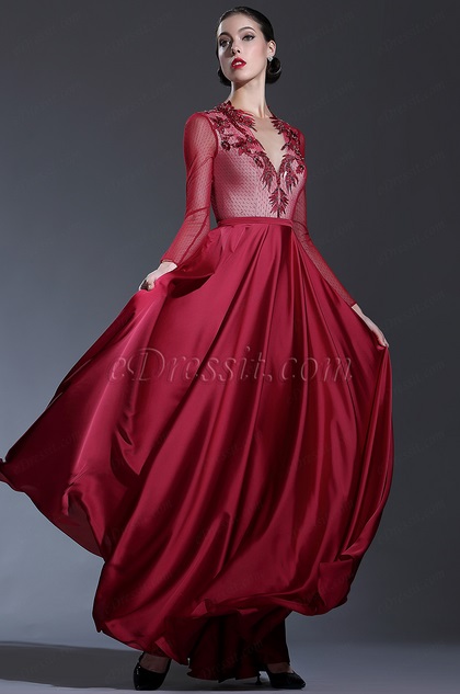 Burgundrot  A Linie Langärmelig V Ausschnitt Abendkleid