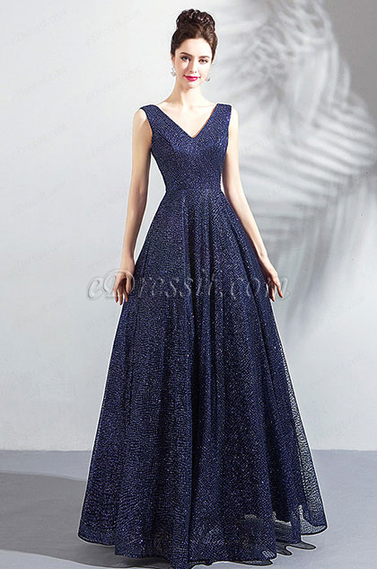 Neu Blau V-Ausschnitt Abendkleid Abschlussballkleid