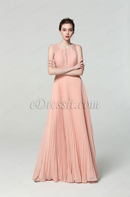 New Illusion Neck Pleated Formal Evening Dress