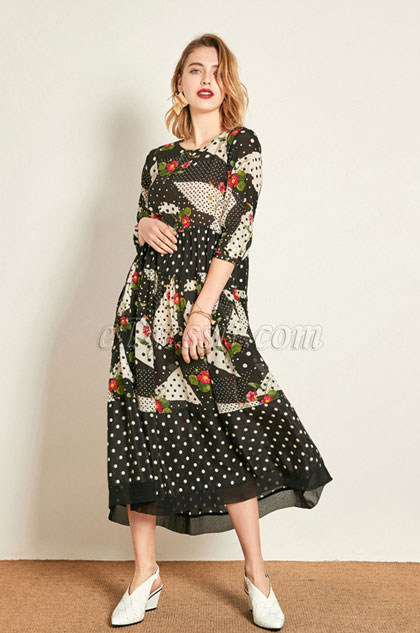 Silk Round Neck Women Dress Printed Dress