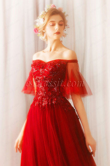 Red Off Shoulder Sleeves Sequins Party Evening Dress