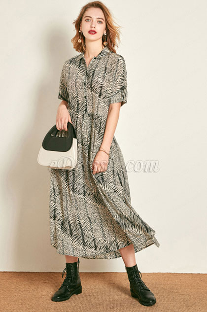 Silk Short Sleeves Shirt Dress Day Dress Wear to Work