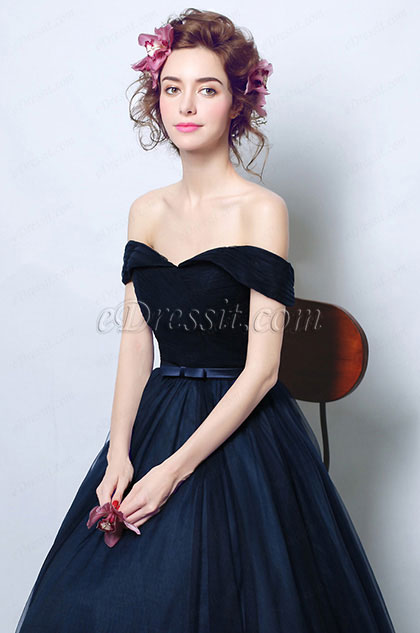 Off Shoulder Dark Blue Bow Waistbelt Ball Dress