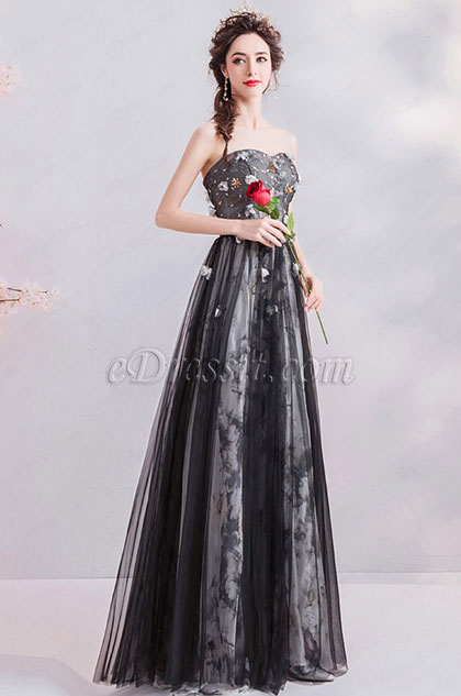 Sexy Korsett Schwarz Floral Party Abend Ballkleid