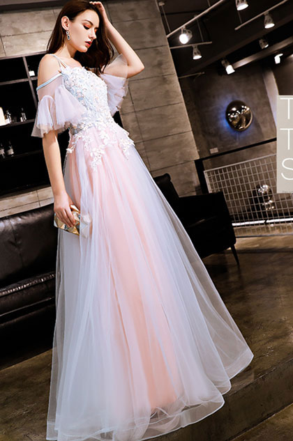 Rosa Freischulter Stickerei Tüll Party Abendkleid