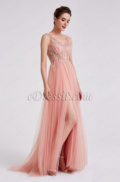 V Cut  PerlenTulle abendkleid  Party Kleider