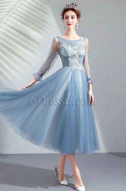 Robe de Cocktail Bleu Clair Charmante En Dentelles