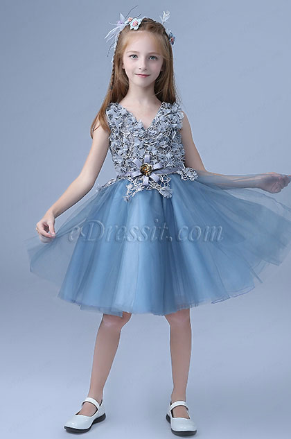 Robe de Petite Fille Bleue Sans Manches En Dentelle